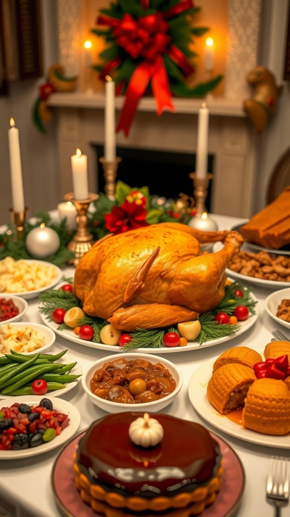 A festive Christmas dinner table with roasted turkey, side dishes, and holiday decorations.